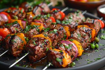 Lamb shish kebabs accompanied by skewered grilled vegetables