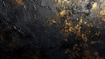 Beautiful grunge black gold background. Panoramic abstract decorative dark background. Wide angle rough stylish mystic texture wallpaper with copy space for design - generative ai