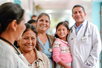 Family and doctor smiling in clinic