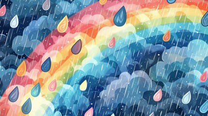 Background Texture Pattern Spring - Cel-Shaded Rain Showers and Rainbows that captures the refreshing essence of spring rain showers created with Generative AI Technology - obrazy, fototapety, plakaty