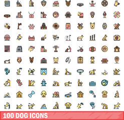 100 dog icons set. Color line set of dog vector icons thin line color flat on white