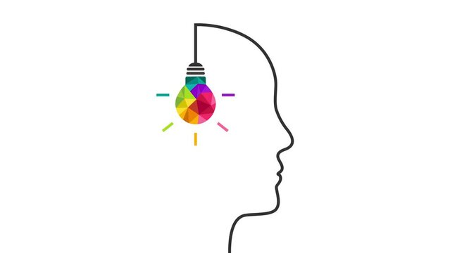 Colorful light bulb with head silhouette as creative idea and thinking concept. Self-drawing face and profile outline made of wire line, colourful lightbulb appearing as brain and mind symbol.