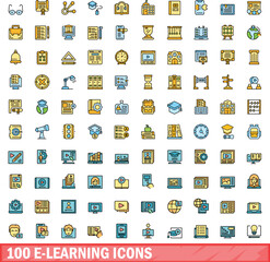 100 e-learning icons set. Color line set of e-learning vector icons thin line color flat on white