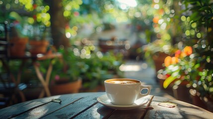 A cup of coffee on a table overlooking the garden at a cafe Seamless looping time-lapse 4k animation video background - Powered by Adobe
