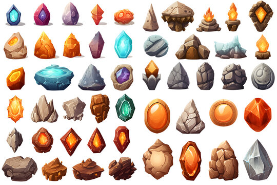 Set of Fantasy stone game elements design isolated on white