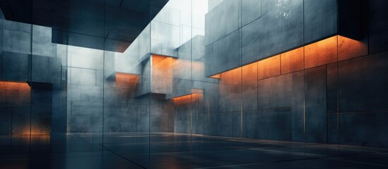 A modern building made of glass and concrete is illuminated by vibrant orange lights, creating a striking, abstract composition. - obrazy, fototapety, plakaty