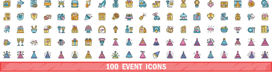 Fototapeta na wymiar 100 event icons set. Color line set of event vector icons thin line color flat on white