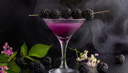 Midnight Martini: Moody and mysterious ambiance with a dark and brooding martini, featuring blackberry-infused vodka and a splash of elderflower liqueur, garnished with a skewer of blackberries.