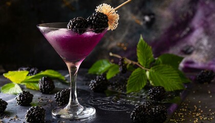 Midnight Martini: Moody and mysterious ambiance with a dark and brooding martini, featuring blackberry-infused vodka and a splash of elderflower liqueur, garnished with a skewer of blackberries.