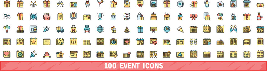 100 event icons set. Color line set of event vector icons thin line color flat on white