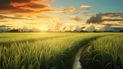 Sugarcane field and cloudy sky at sunset - obrazy, fototapety, plakaty
