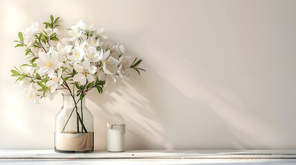 home interior with white flowers in a vase on a light background for product display © RM Graphics