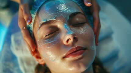 Close up of female masseur hands making face relaxing massage to young girl lying with closed eyes in beauty salon or cosmetology cabinet. - obrazy, fototapety, plakaty