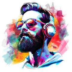 Colorful hipster man listening to music, vector style illustration, painting, isolated on white