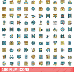100 film icons set. Color line set of film vector icons thin line color flat on white