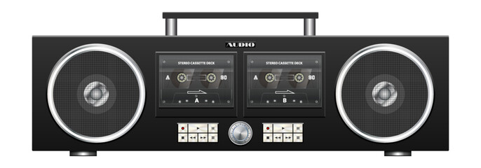 Vector dark portable vintage stereo tape recorder with two cassette decks and speakers in a modern design. Audio recording device. Retro music gadget. White isolated background.