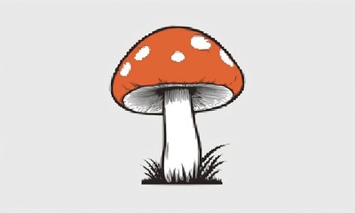 Fly agaric mushroom in the grass. Hand drawn simple illustration.