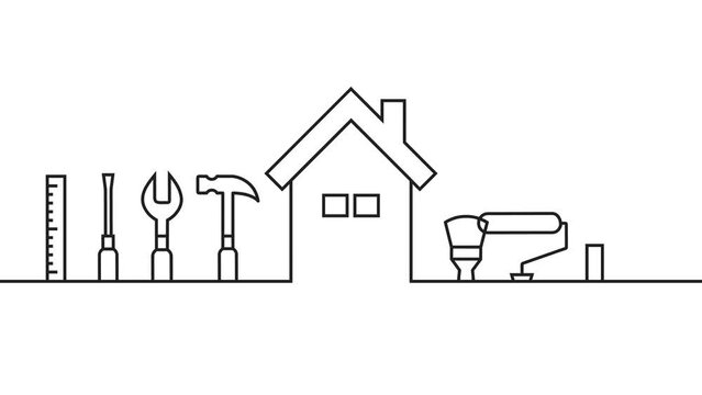Self-drawing line art with work tools and house as construction and building industry, facility management, home improvement, renovation, repair or maintenance related animation