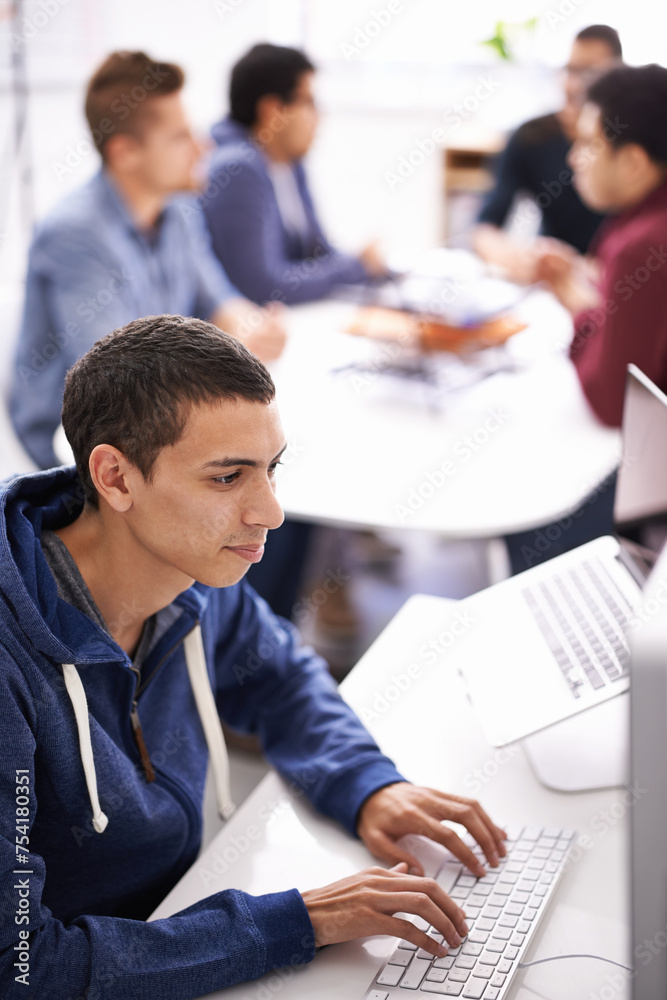 Poster Laptop, programmer and man on software for update in office with information technology for cybersecurity. Coder, employee and male person typing on keyboard of computer for test of applications
