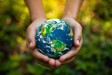 Hands holding a small globe with a green background