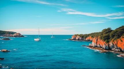Peaceful ocean scenery featuring a sailboat tucked between rocky coastlines under a bright blue sky  - Powered by Adobe