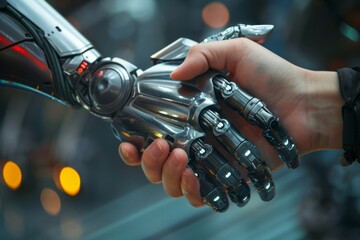 Human hand shaking a robotic hand