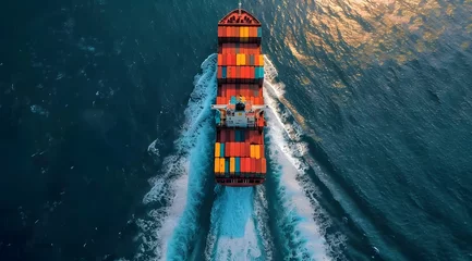 Fototapeten Aerial top view container cargo ship in import export business commercial trade logistic and transportation of international by container cargo ship in the open sea, Container cargo freight shipping. © Lucky Ai