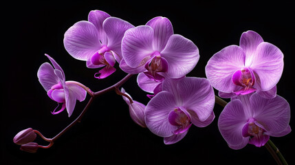 Fototapeta na wymiar Orchids bloom against a black backdrop.