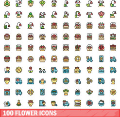100 flower icons set. Color line set of flower vector icons thin line color flat on white