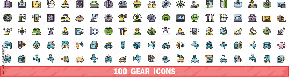 Wall mural 100 gear icons set. color line set of gear vector icons thin line color flat on white - Wall murals