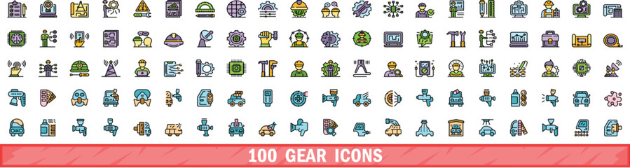 100 gear icons set. Color line set of gear vector icons thin line color flat on white