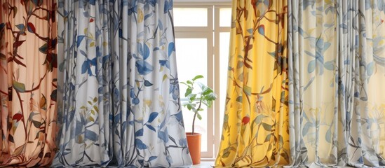 A view of a window adorned with curtains, next to which sits a potted plant. The curtains are drawn to partially cover the window,