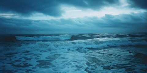 Atmospheric evening photo of ocean landscape, blue effect