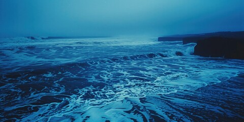 Atmospheric evening photo of ocean landscape, blue effect - obrazy, fototapety, plakaty