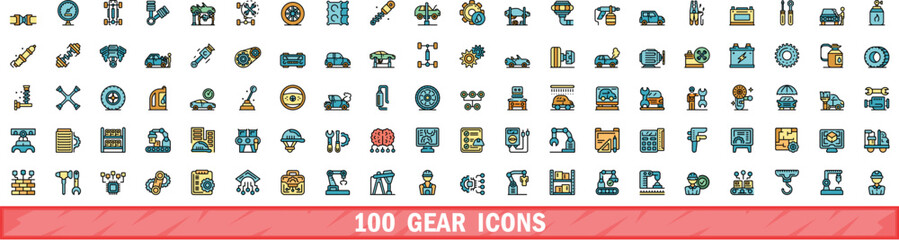 100 gear icons set. Color line set of gear vector icons thin line color flat on white - obrazy, fototapety, plakaty