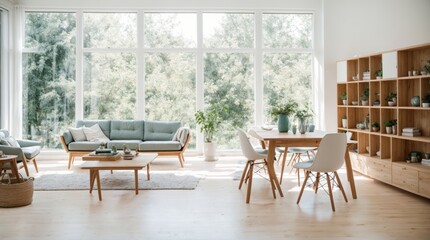 Fototapeta premium Radiant airy sitting room with panoramic green outlook modern decor and wooden accents 