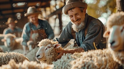 A farmer happily raises sheep on his farm. By shearing sheep's wool to sell in the market. Farm scene with happy sheep