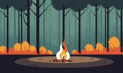 Burning bonfire in the forest. Flat style illustration.