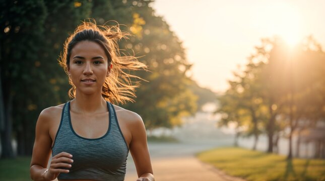 Serene sunlit setting for woman focused on evening run in peaceful sunset