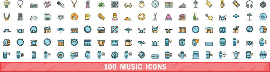 100 music icons set. Color line set of music vector icons thin line color flat on white