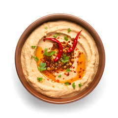 Spicy Hummus in a bowl top view isolated on white background - obrazy, fototapety, plakaty