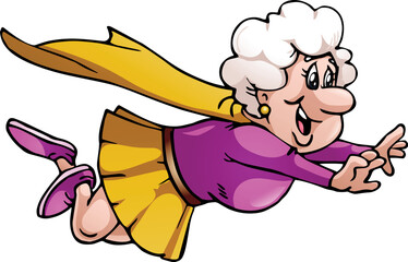 illustration of a elderly senior super woman flying