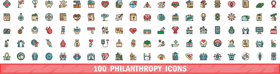 Papier Peint photo Collage de graffitis 100 philanthropy icons set. Color line set of philanthropy vector icons thin line color flat on white