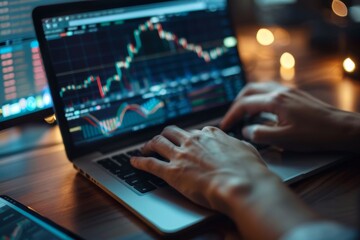 A close-up image showing hands typing on a laptop keyboard with a stock market graph displayed on the screen.