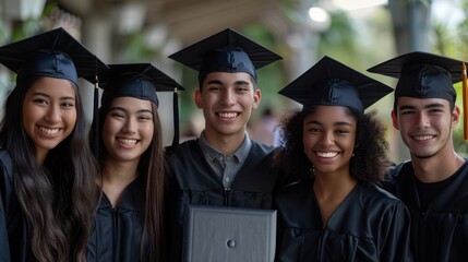 Group of cheerful college or university students and friends from various nationalities and friends. Wear a graduation cap and a black graduation gown. A certificate in hand, smiling at the camera. - obrazy, fototapety, plakaty