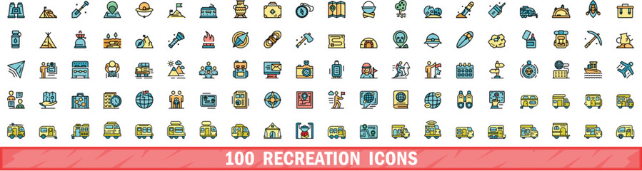 100 recreation icons set. Color line set of recreation vector icons thin line color flat on white