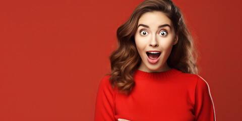 Close-up photo of shackled surprised young woman isolated on red background with copy space. Discount sale banner, bargain offer - obrazy, fototapety, plakaty