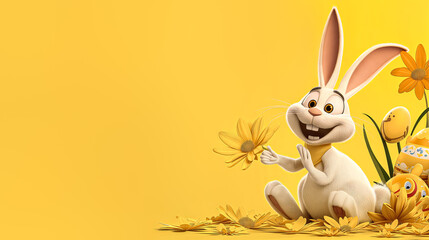 Easter / spring yellow promotion banner background with cute cartoon style Easter bunny rabbit and copy space for text
