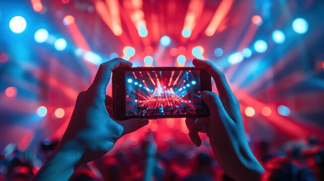 Holding a smartphone, recording live music festivals and taking photos of concert stages, fancy party festivals.