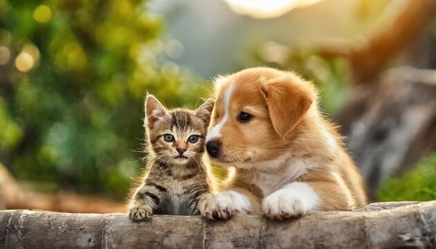 High-quality photo . A Heartwarming Moment Between a Dog and Cat at Play, Puppy And Kitten,